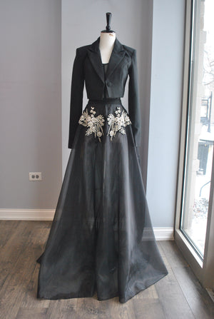CLEARANCE - BLACK SHEER FIT AND FLAIR LONG GOWN WITH RHINESTONES AND A BLAZER