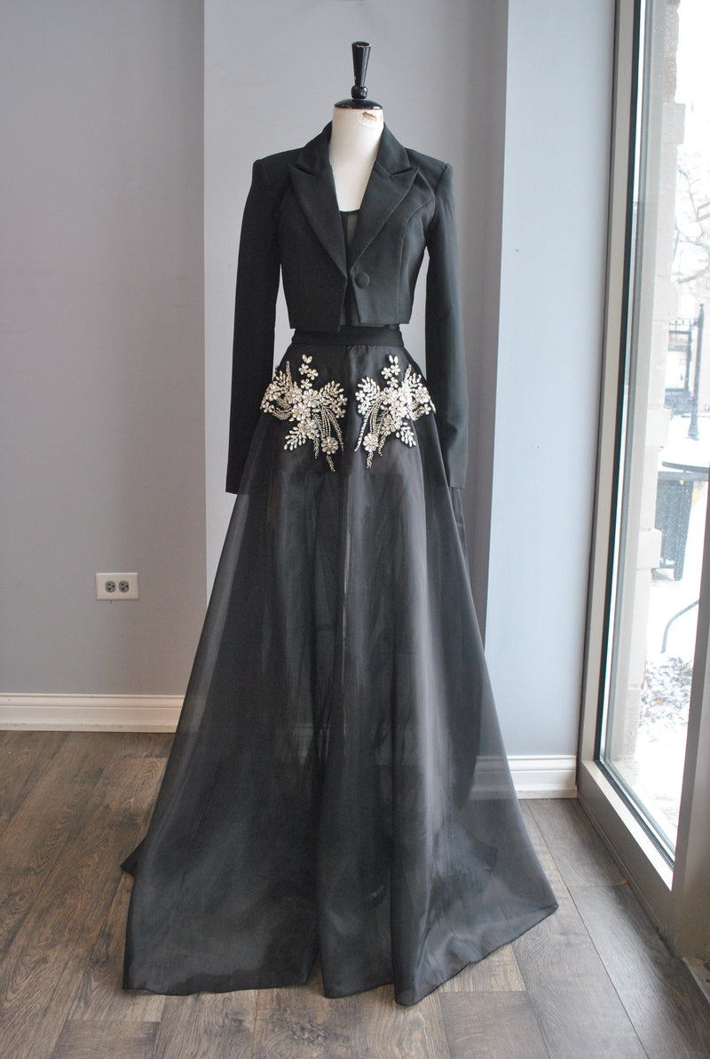 BLACK SHEER FIT AND FLAIR LONG GOWN WITH RHINESTONES AND A BLAZER