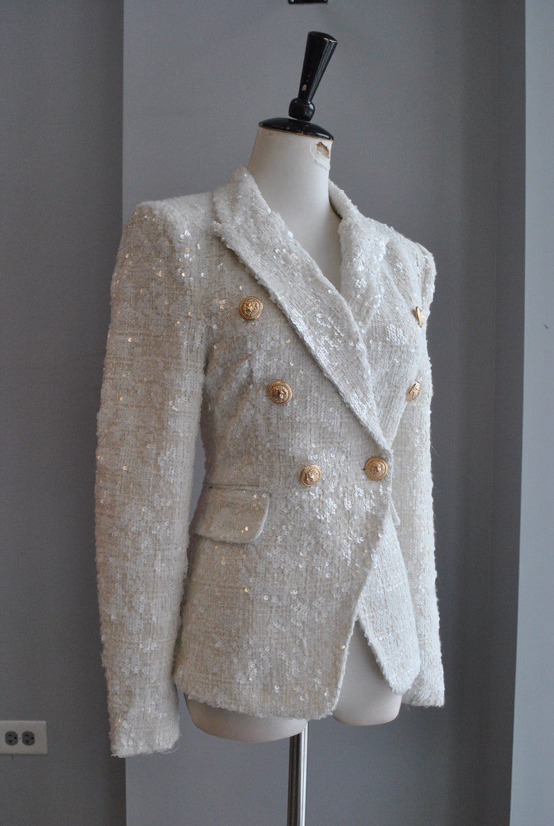 tweed jacket + white jeans — bows & sequins