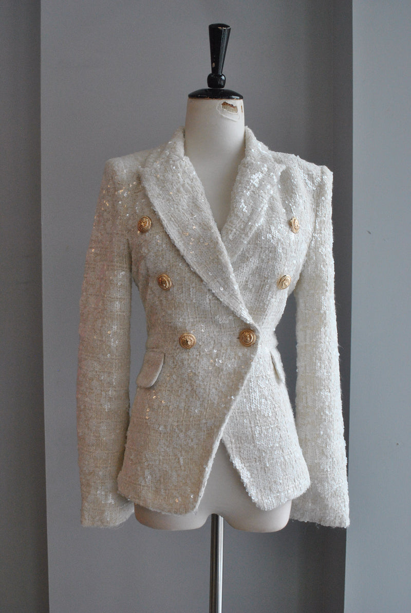 tweed jacket + white jeans — bows & sequins