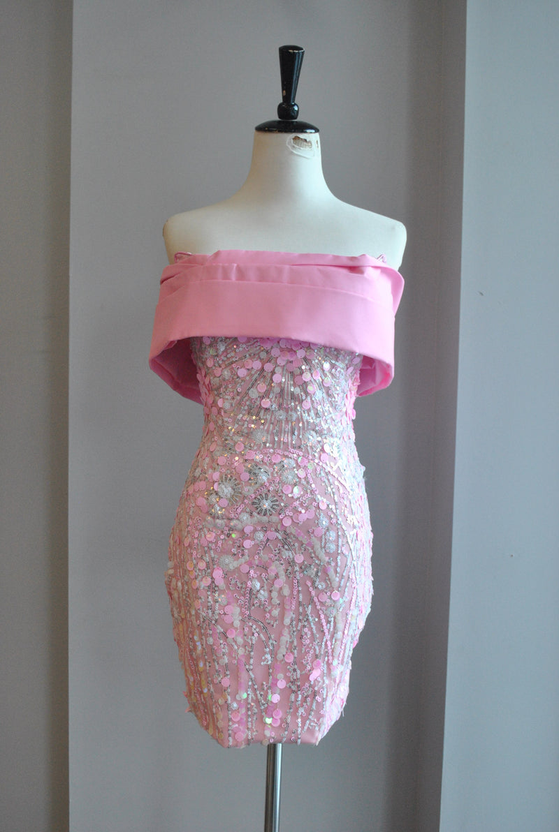 BLUSH PINK SEQUIN MINI OFF THE SHOULDER PARTY DRESS