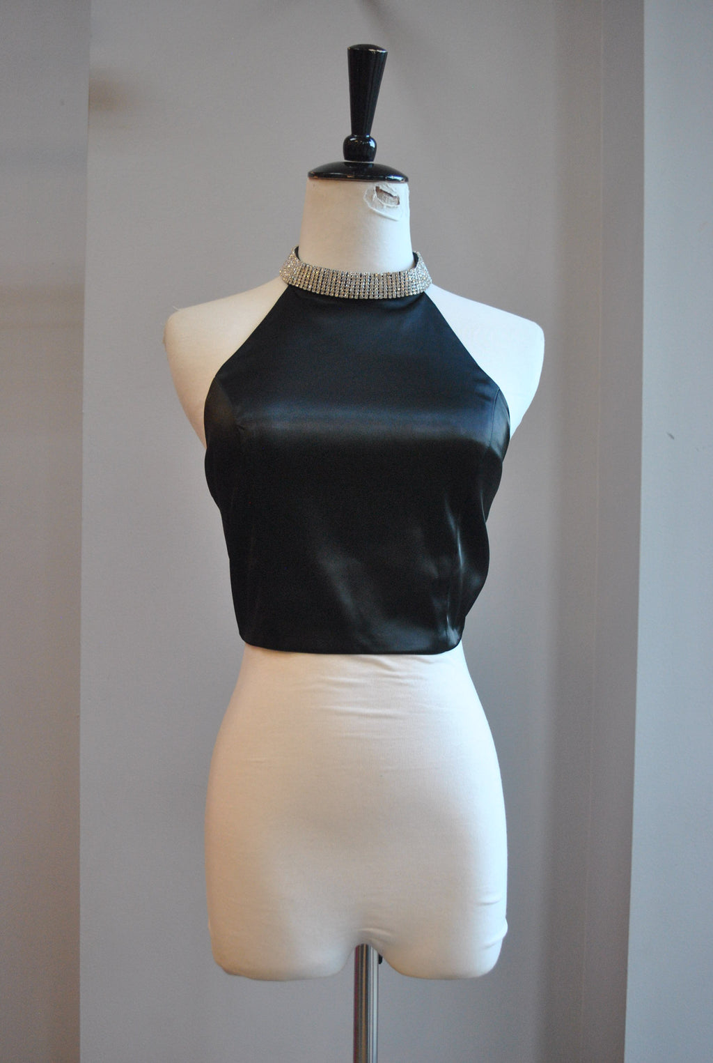 CLEARANCE - BLACK CROPPED TIE TOP WITH RHINESTONES NECK