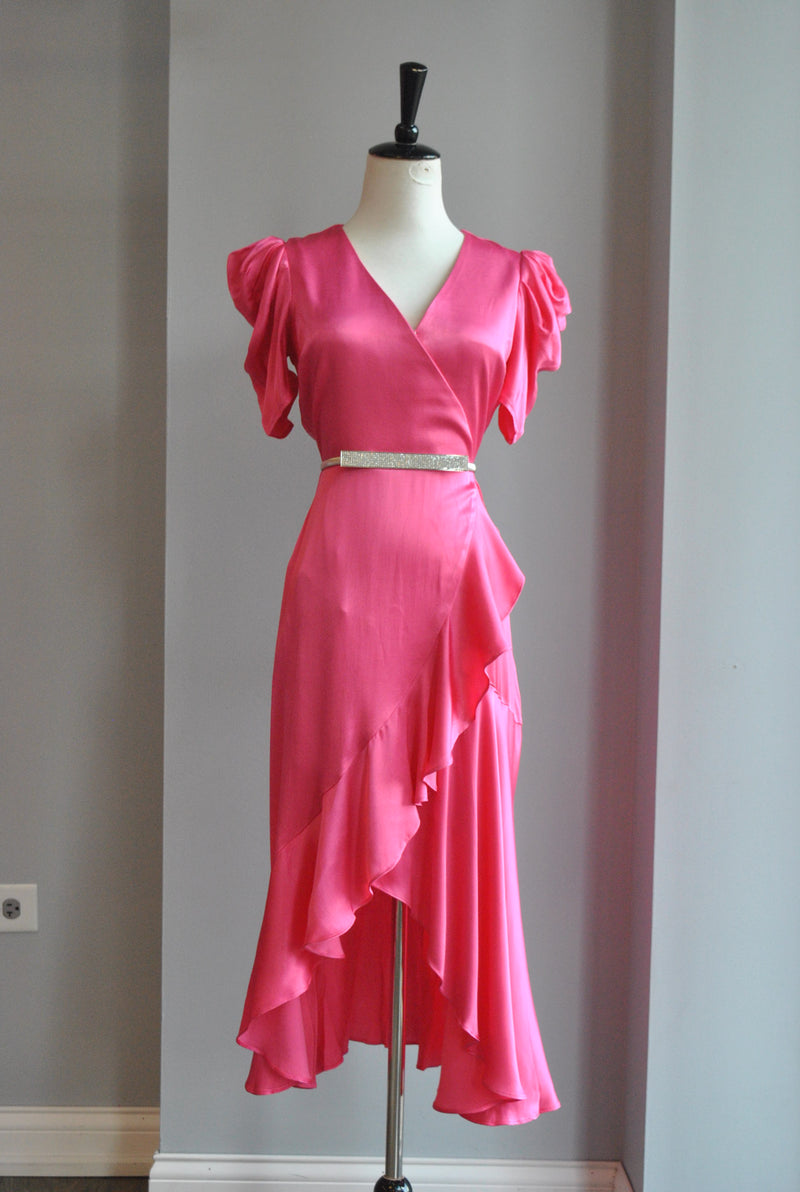 HOT PINK SATIN MIDI HIGH AND LOW DRESS