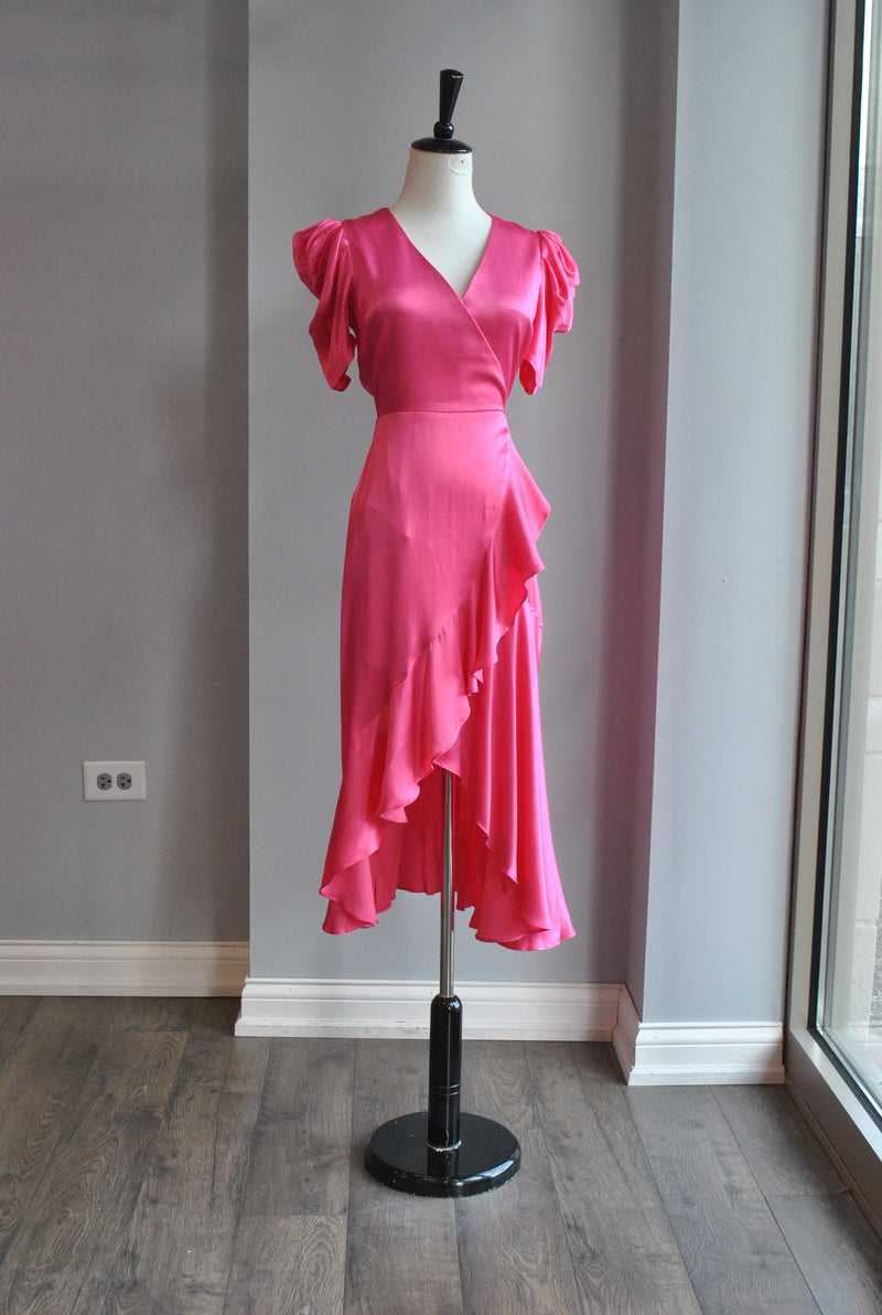 HOT PINK SATIN MIDI HIGH AND LOW DRESS