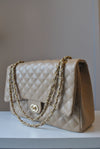 SAND COLOR GUILTED CROSSBODY BAG WITH GOLD CHAIN DEATILS