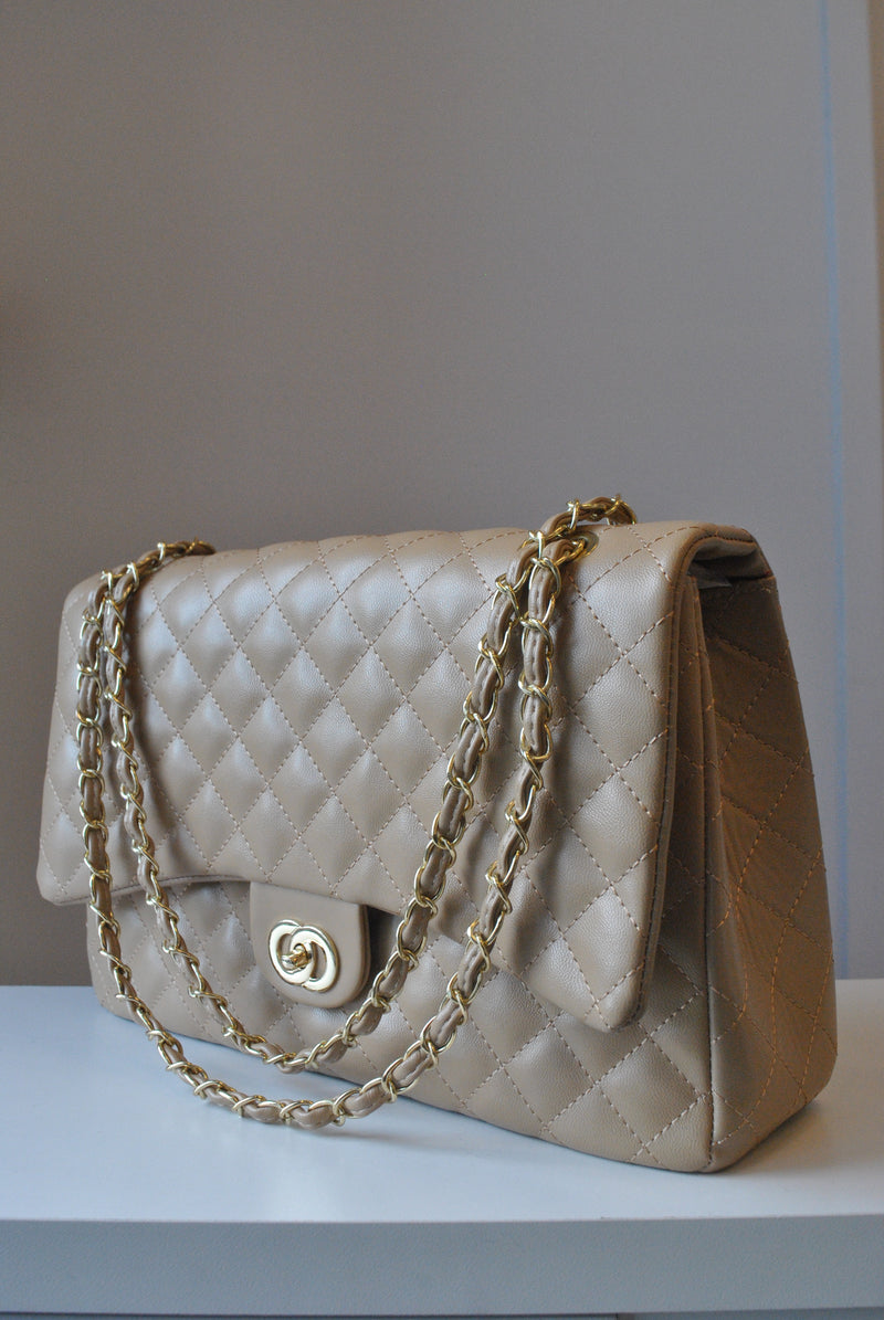 Chanel Camel Quilted Crinkled Patent Leather Classic Jumbo Single