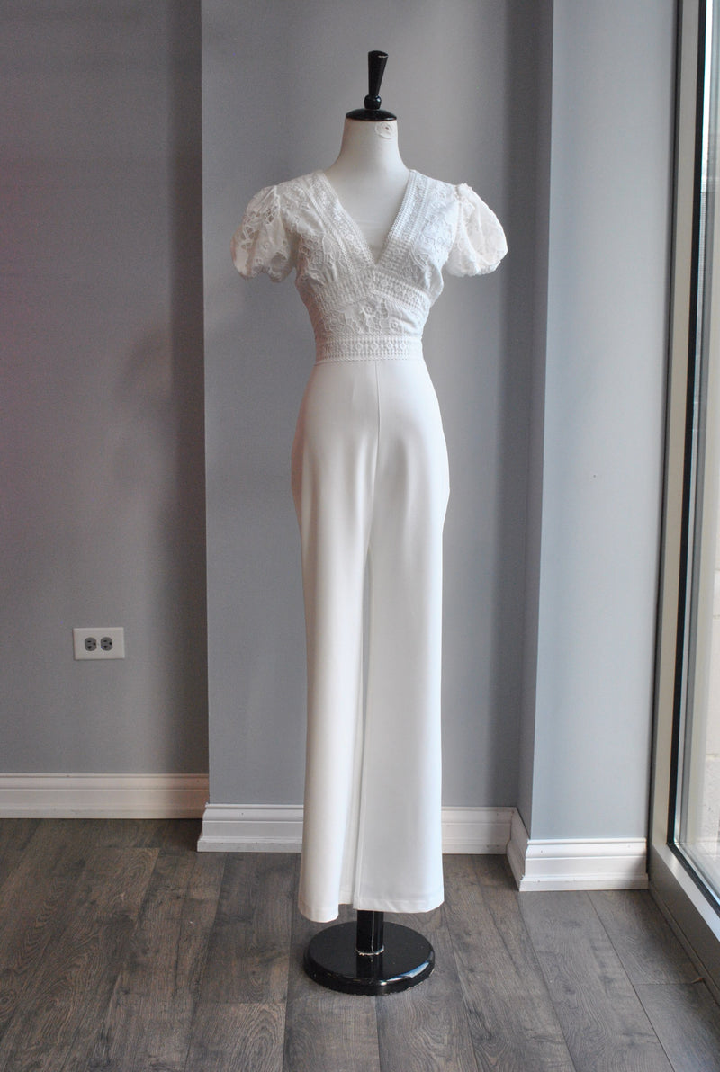 CLEARANCE - WHITE JUMPSUIT WITH LACE DETAILS