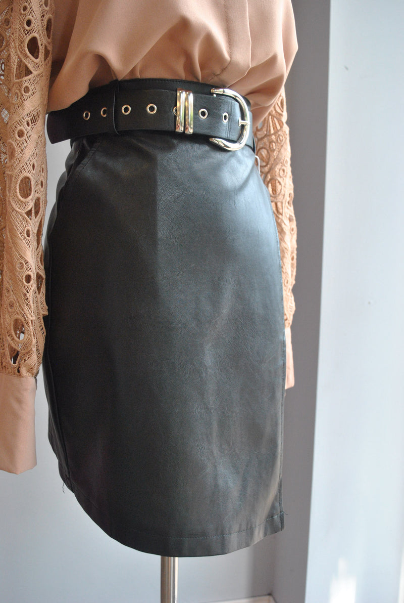 BLACK FAUX LEATHER MINI SKIRT WITH A BELT – Le Obsession Boutique