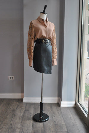 TAUPE BLOUSE WITH LACE SLEEVES