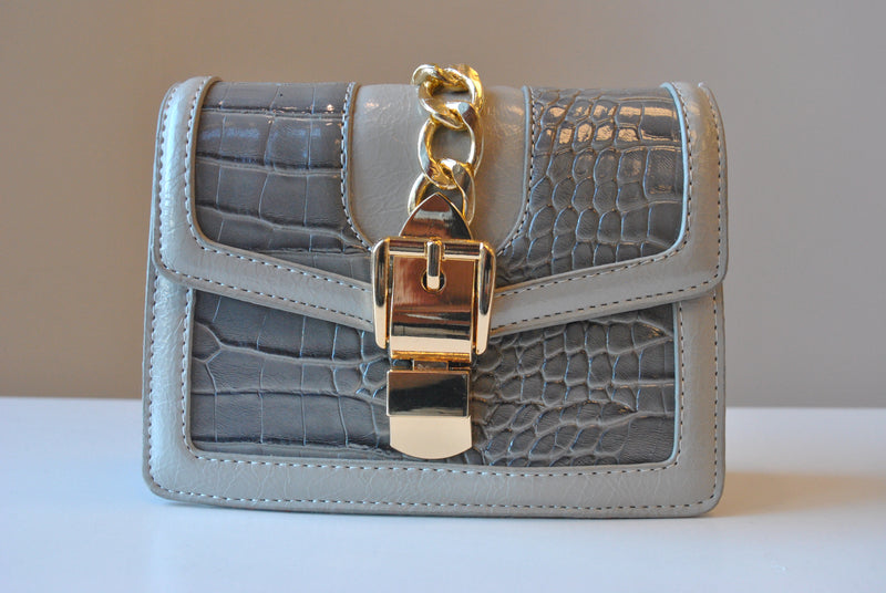 SMALL LIGHT GREY CROSSBODY BAG WITH GOLD CHAIN