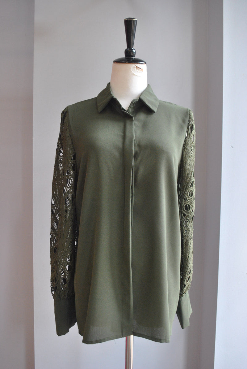 OLIVE GREEN BLOUSE WITH LACE DETAILS