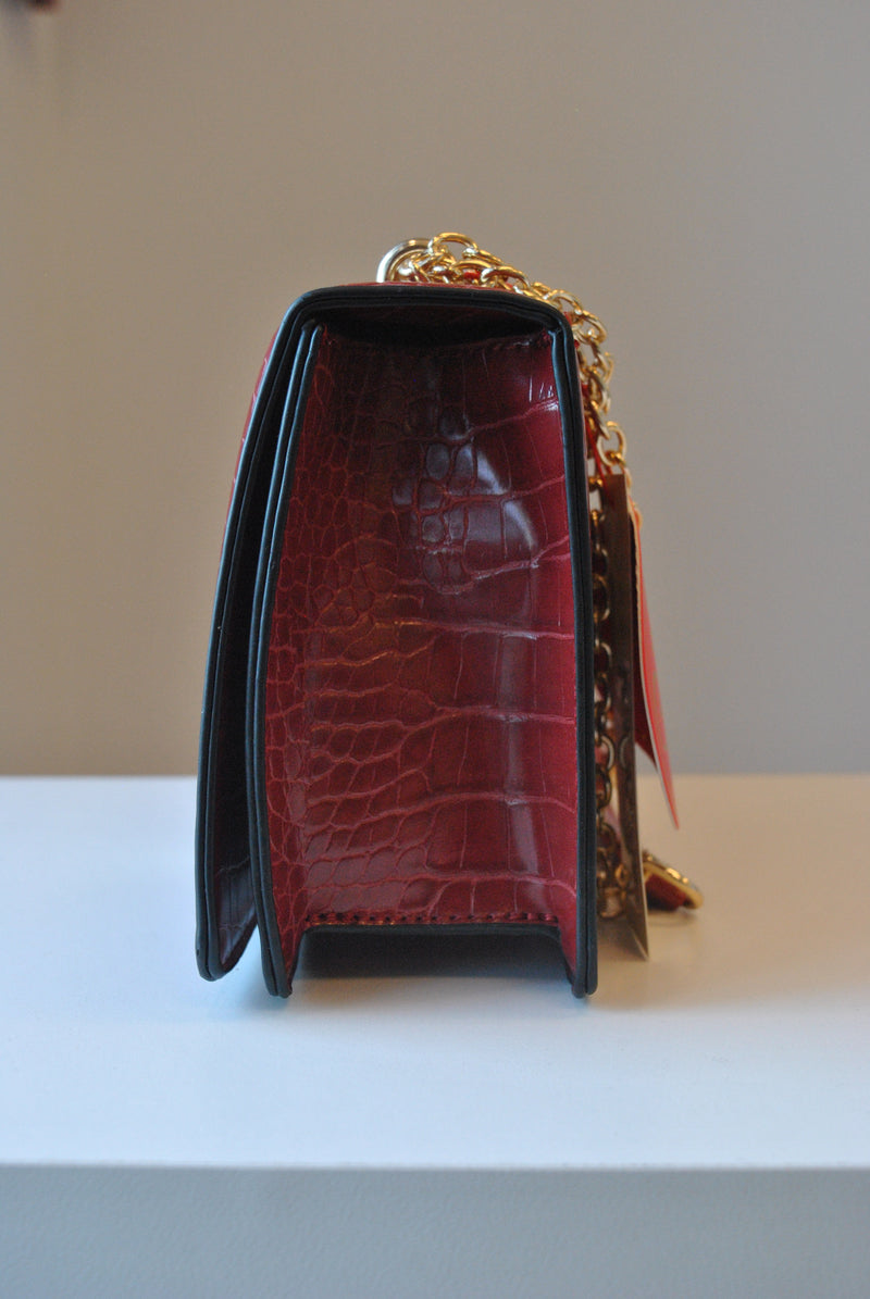 BURGUNDY FAUX CROCODILE LEATHER CROSSBODY BAG