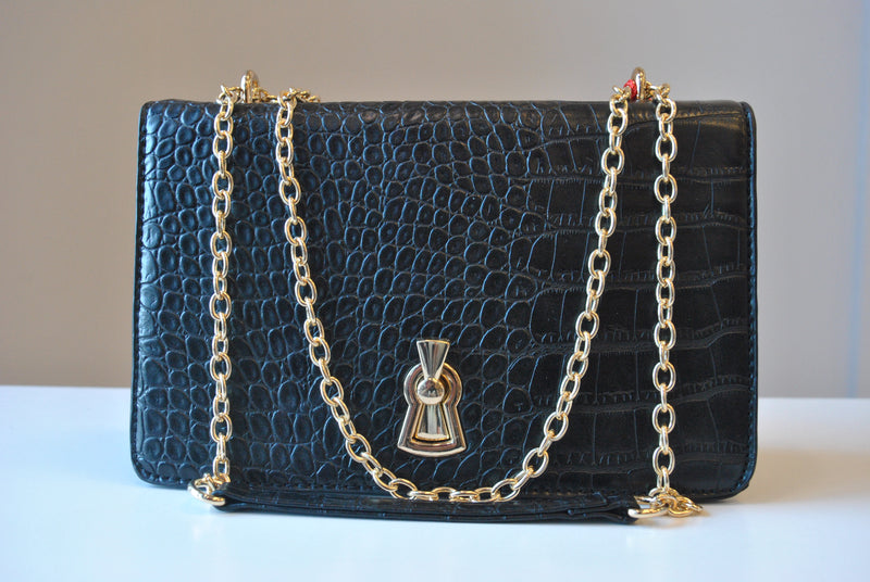 BLACK FAUX CROCODILE LEATHER CROSSBODY HANDBAG