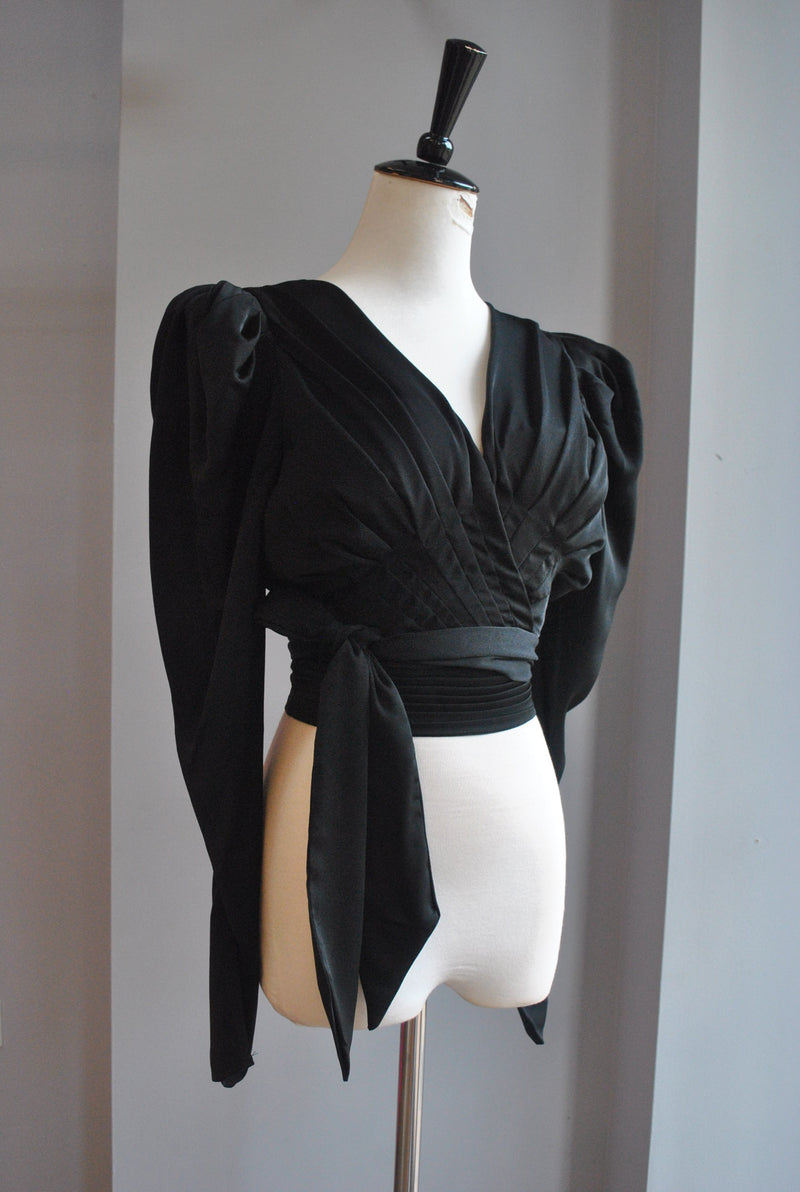 CLEARANCE - BLACK CROPPED SILKY TOP WITH BELL SLEEVES
