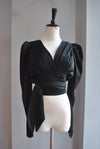 CLEARANCE - BLACK CROPPED SILKY TOP WITH BELL SLEEVES