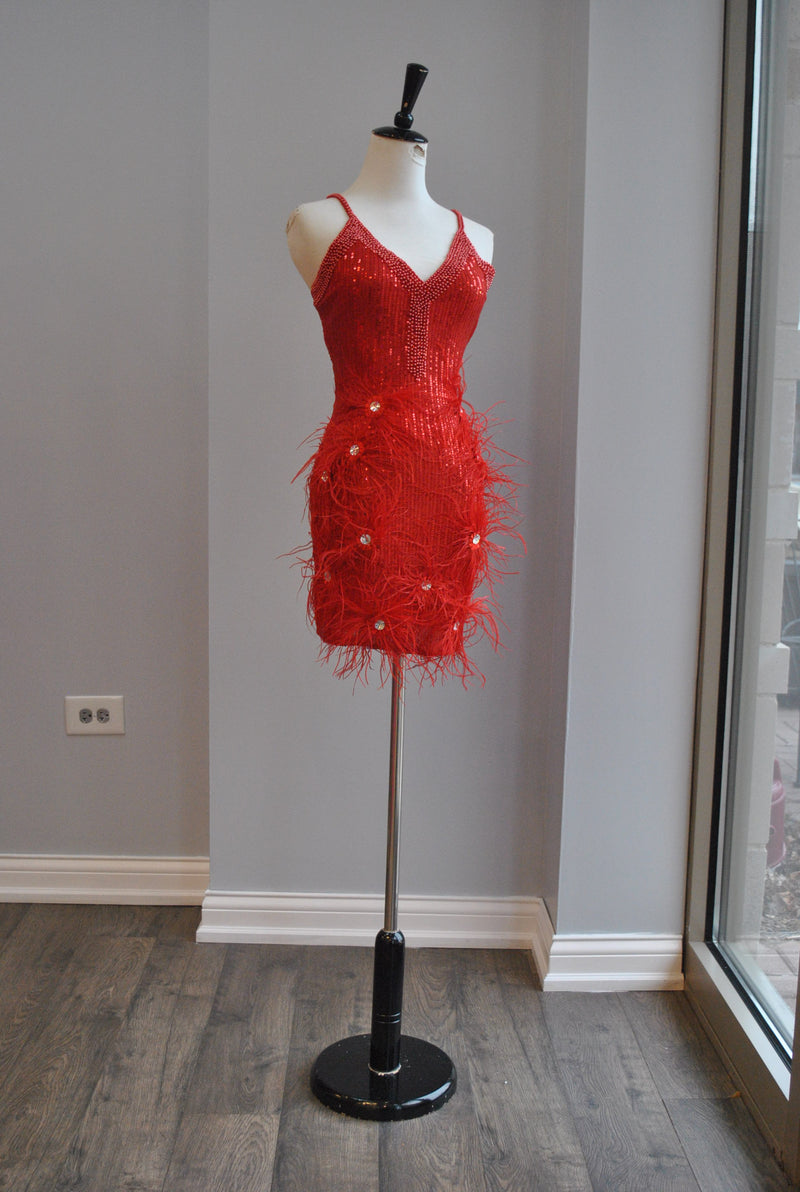RED MINI PARTY DRESS WITH FEATHERS
