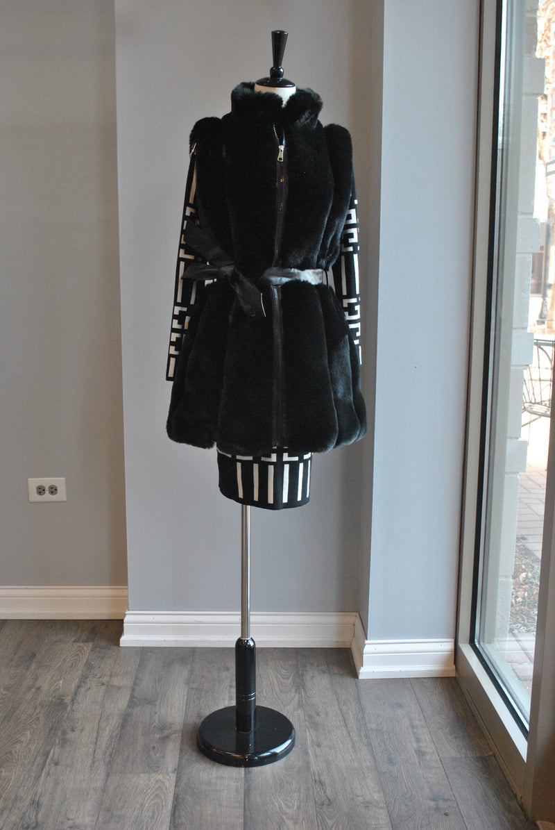 BLACK FAUX FUR VEST WITH A BELT