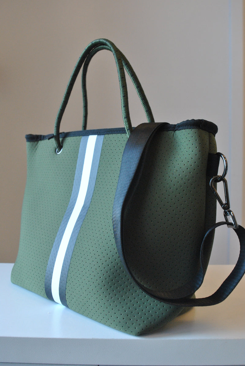 OLIVE GREEN MINI TOTE WITH A BLACK WHITE STRIPE