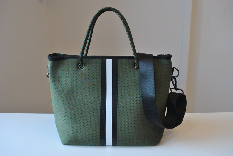 OLIVE GREEN MINI TOTE WITH A BLACK WHITE STRIPE