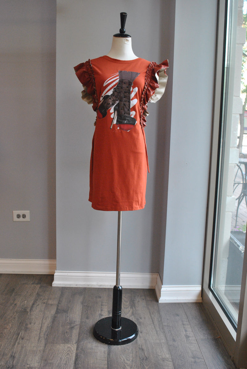 COPPER GRAPHIC TUNIC WITH FAUX LEATHER DETAILS