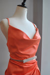ORANGE SILKY COCKTAIL DRESS WITH SIDE RUSHING