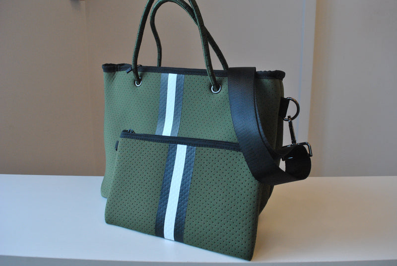 OLIVE GREEN MINI TOTE WITH A BLACK WHITE STRIPE