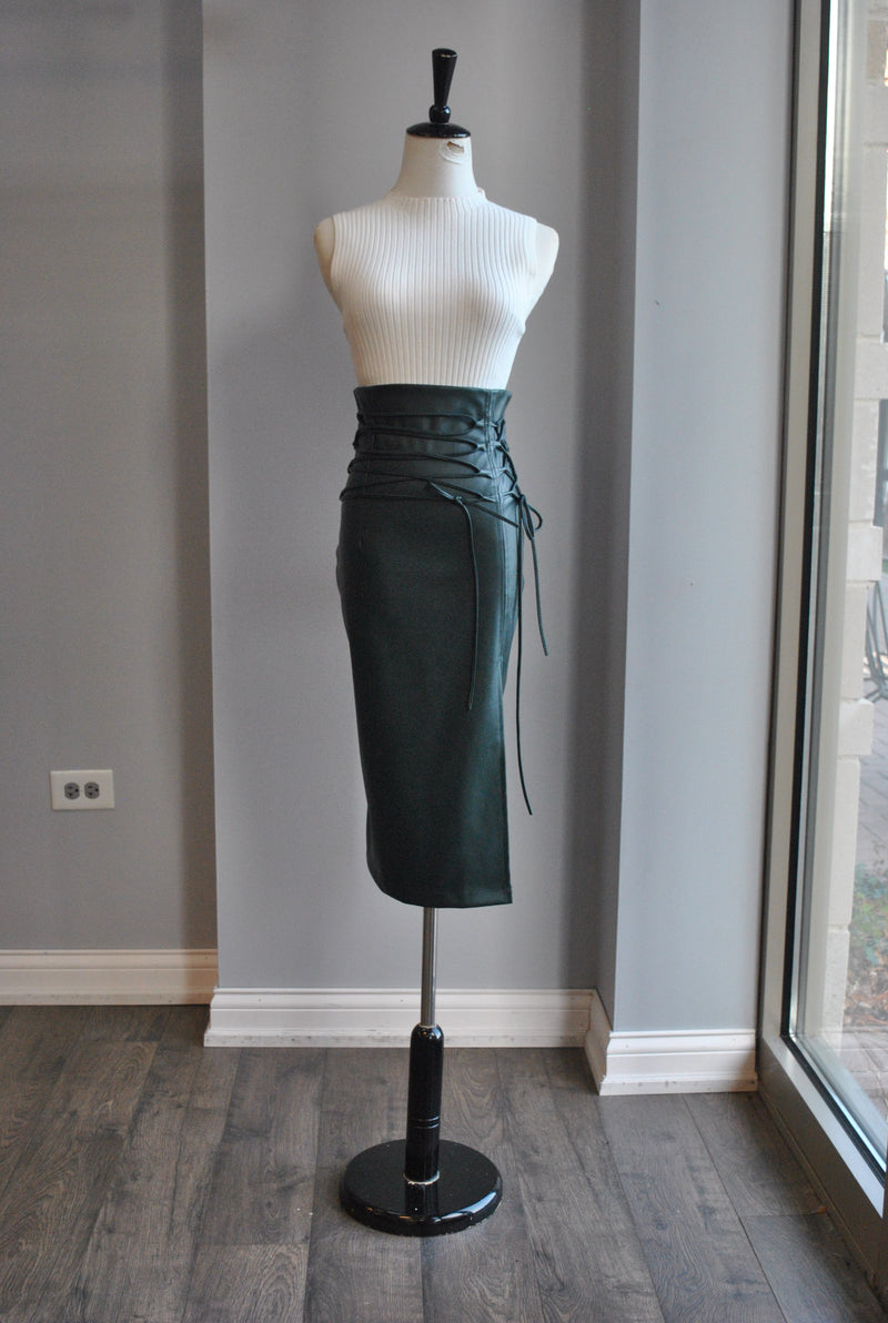 EMERALD GREEN HIGH WAISTED FAUX LEATHER SKIRT