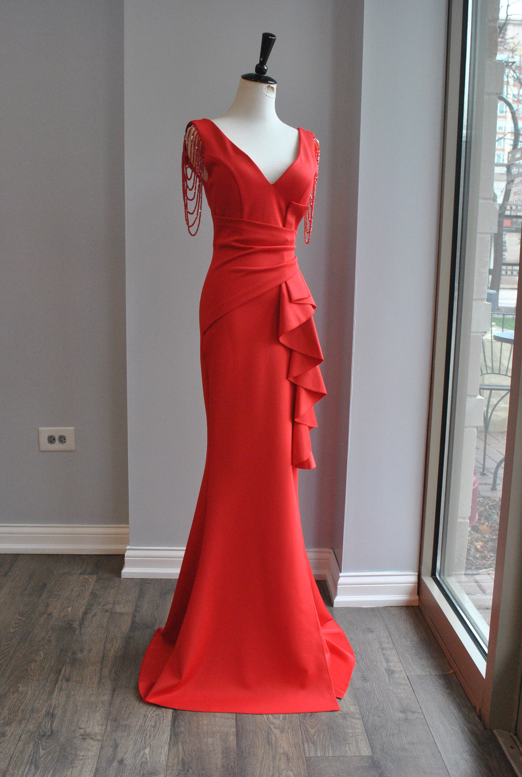 RED LONG EVENING DRESS WITH CRYSTALS