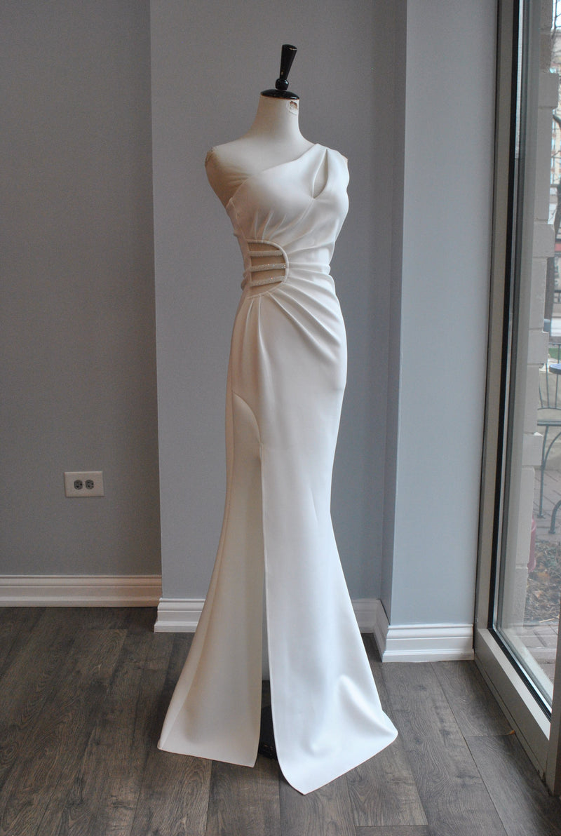 WHITE EVENING LONG GOWN WITH CRYSTALS