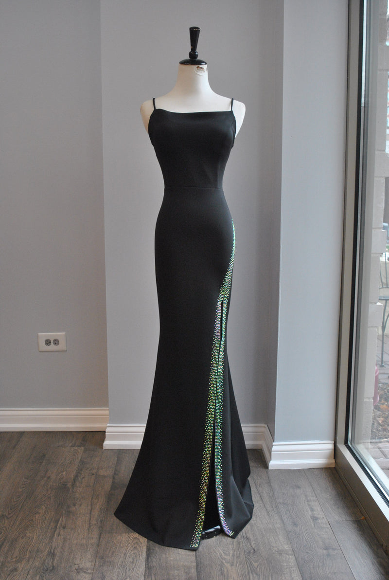 BLACK EVENING GOWN WITH GOLD STUDS