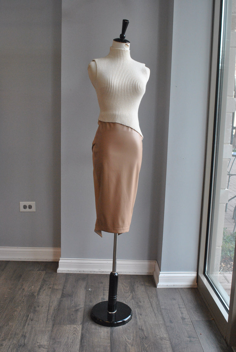 SAND COLOR ASYMMETRIC CROPPED FIT TOP WITH HIGH NECK