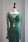 EMERALD LONG EVENING DRESS WITH MESH AND CRYSTALS
