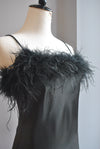 BLACK SILKY MIDI DRESS WITH FEATHERS