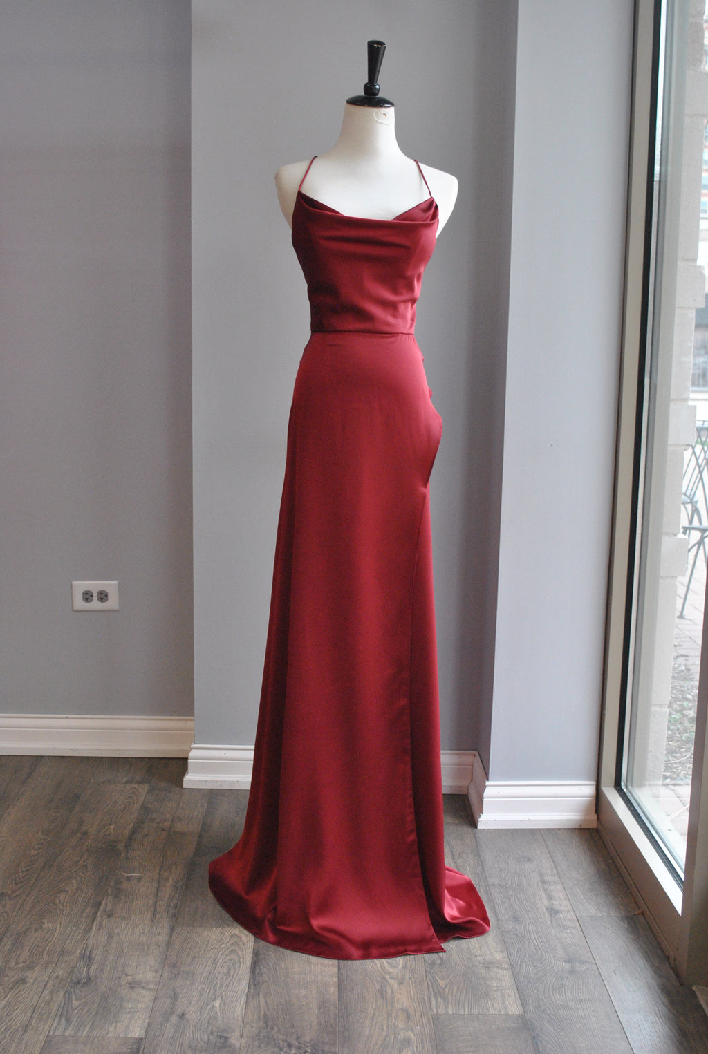 WINE COLOR SILKY LONG EVENING GOWN WITH SIDE SLIP
