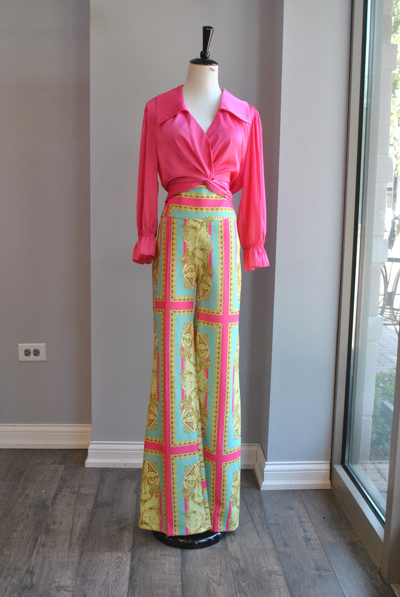 PINK AND TURQUOISE SET OF HIGH WAISTED PANTS AND CROPPED TOP