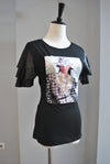 GRAPHIC T-SHIRT - BLACK WITH FUAX LEATHER SLEEVES