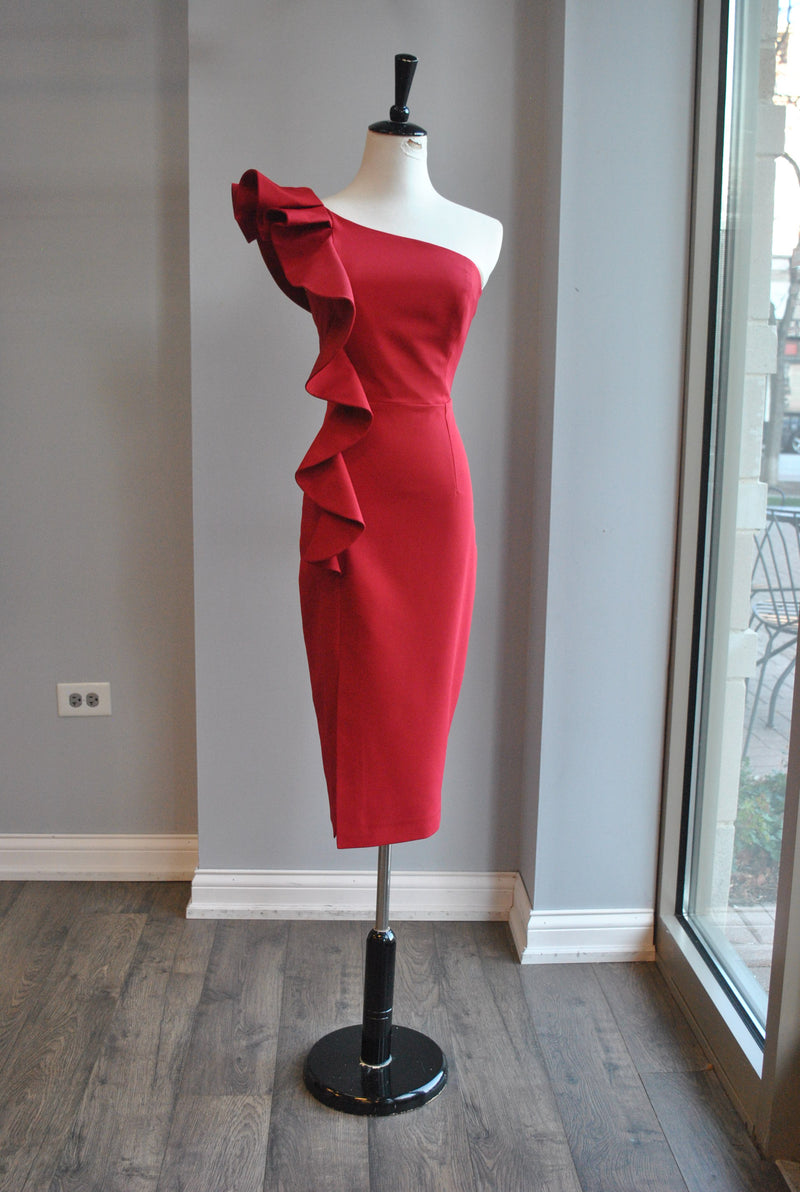 RED ASYMMETRIC COCKTAIL MIDI DRESS WITH A RUFFLE