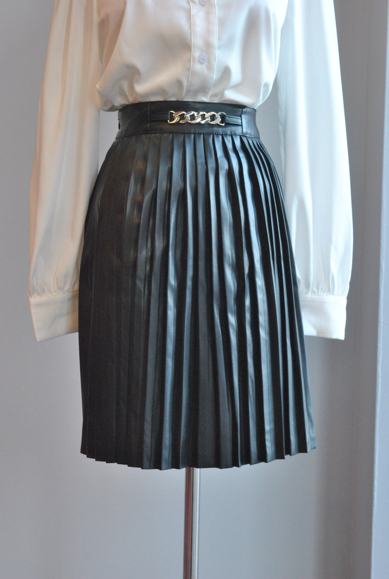 CLEARANCE - BLACK FAUX LEATHER PLEATED SKIRT