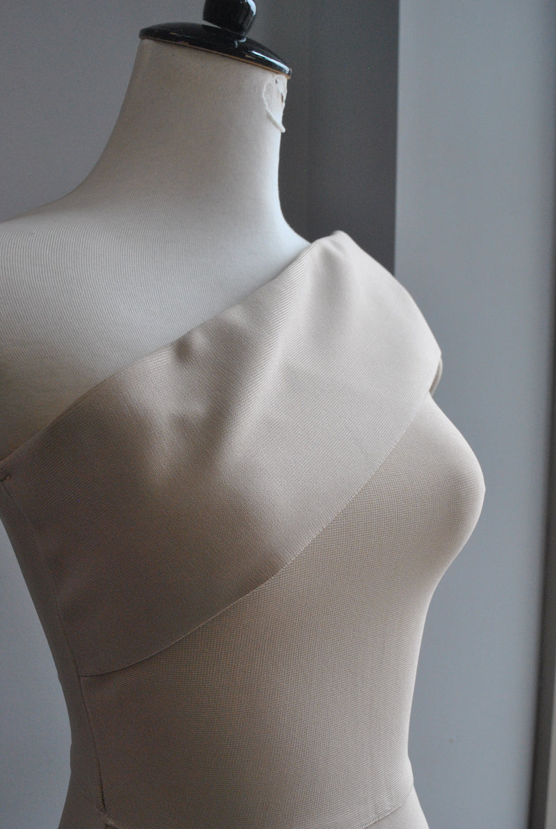 CLEARANCE - BEIGE ASYMMETRIC MIDI BANDAGE DRESS