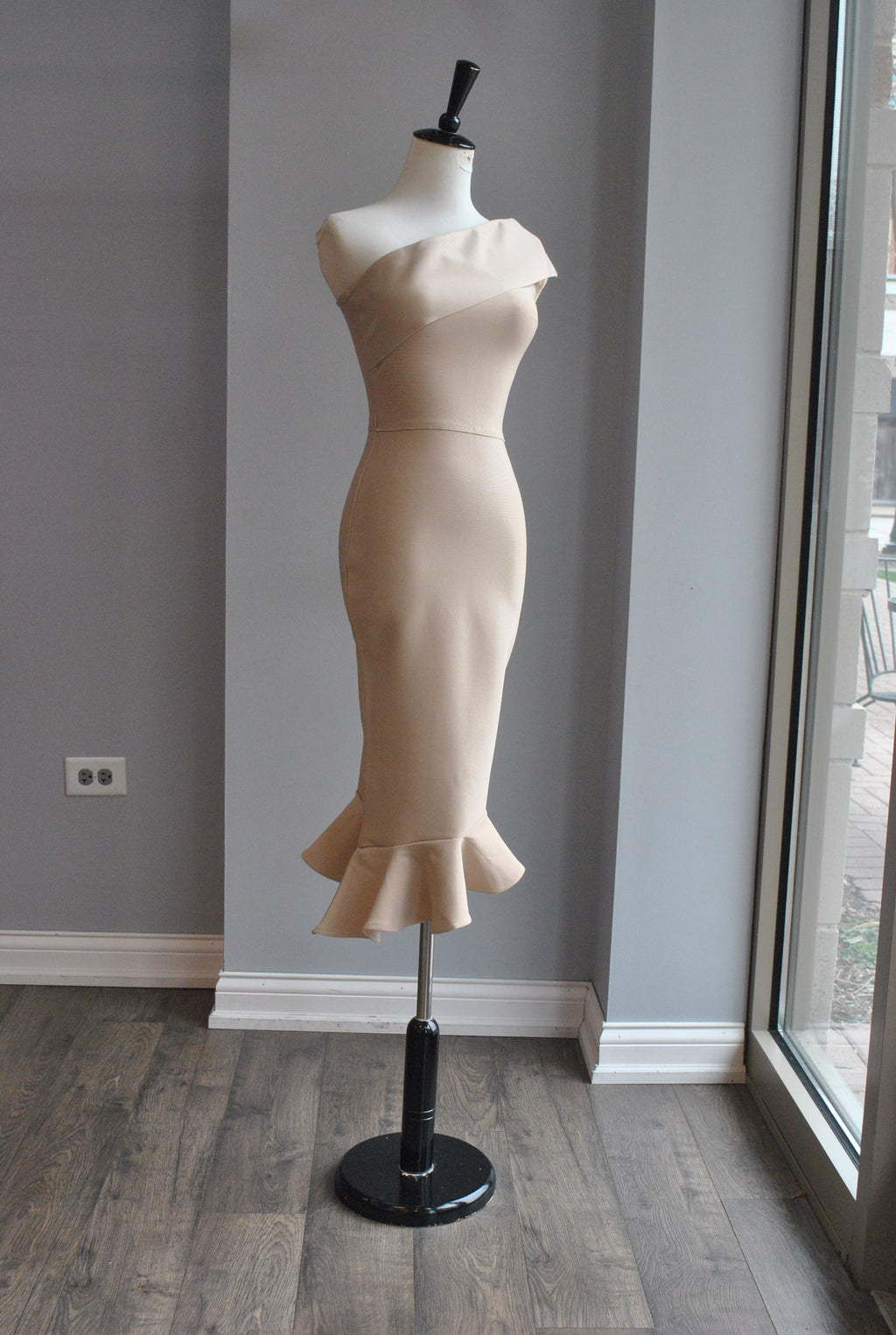 CLEARANCE - BEIGE ASYMMETRIC MIDI BANDAGE DRESS