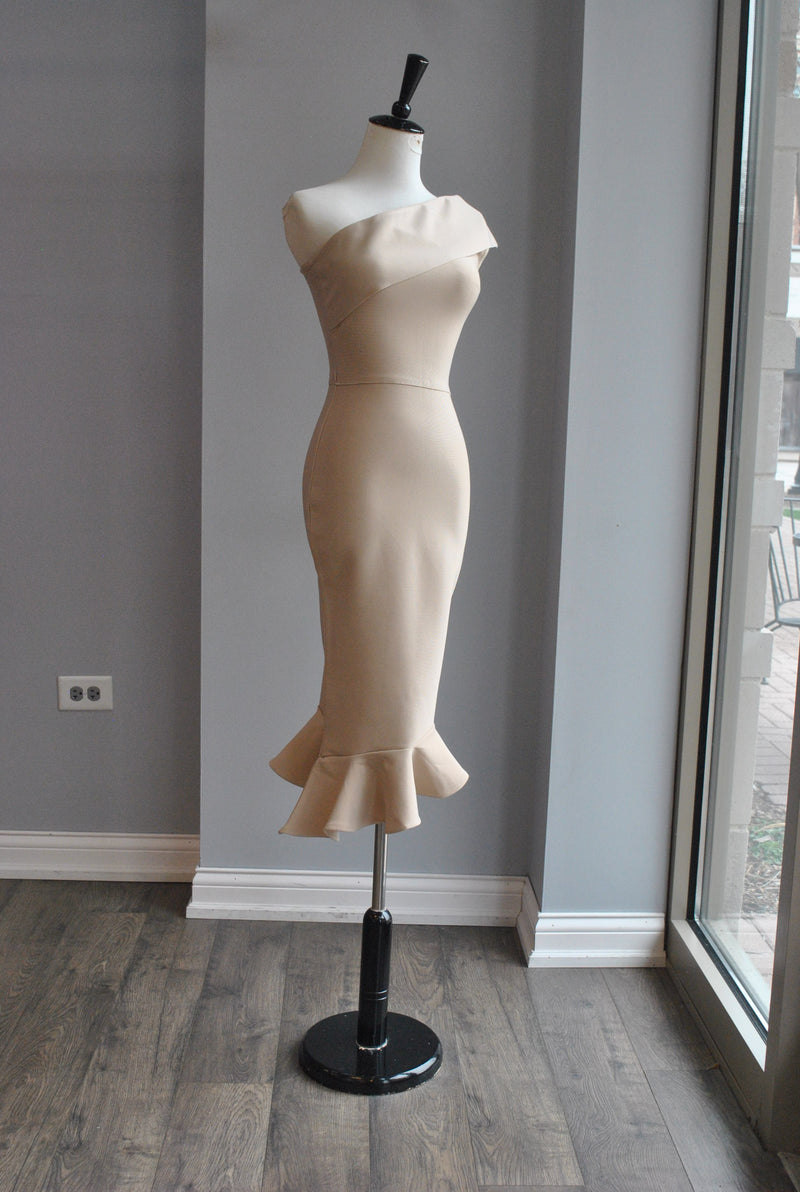 CLEARANCE - BEIGE ASYMMETRIC MIDI BANDAGE DRESS