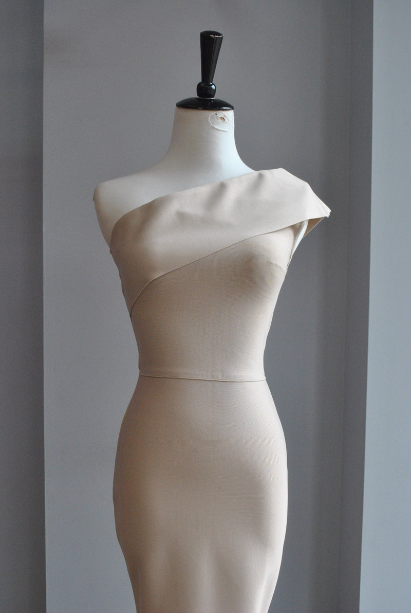 CLEARANCE - BEIGE ASYMMETRIC MIDI BANDAGE DRESS
