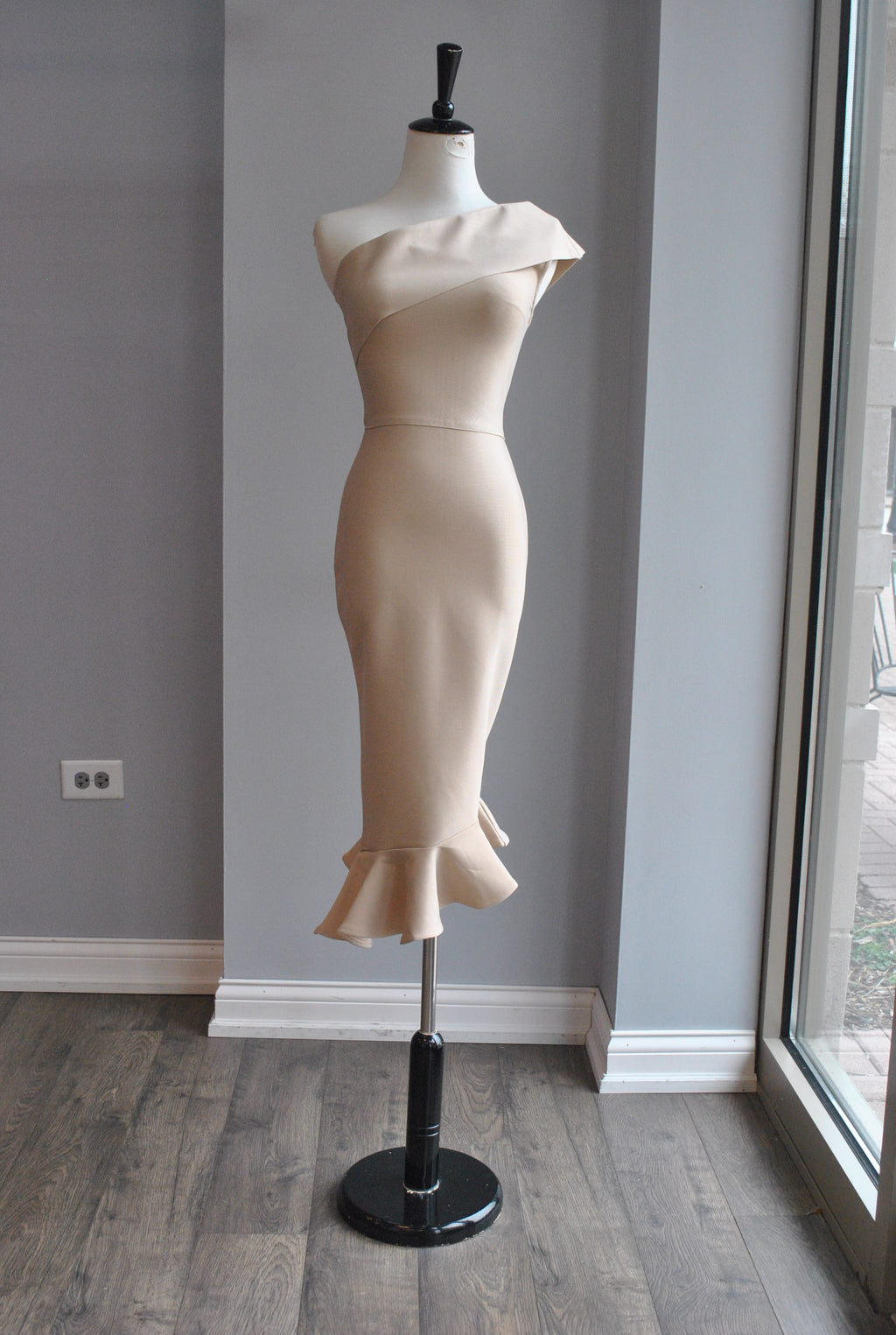 CLEARANCE - BEIGE ASYMMETRIC MIDI BANDAGE DRESS