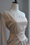 CLEARANCE - CHAMPAGNE SILKY ASYMMETRIC DRESS WITH RHINESTONES AND RUSHING