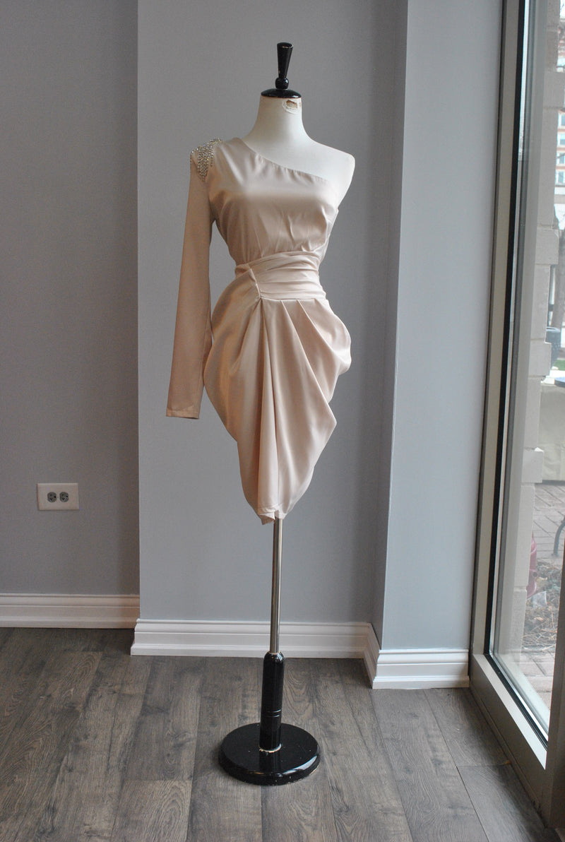 CLEARANCE - CHAMPAGNE SILKY ASYMMETRIC DRESS WITH RHINESTONES AND RUSHING