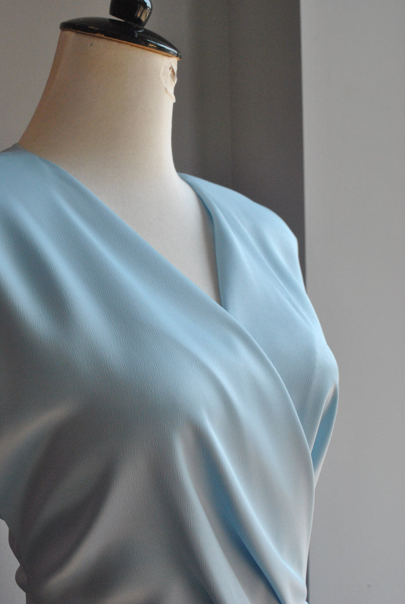LIGHT BLUE SILKY MIDI DRESS WITH FRONT RUSHING