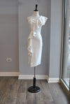 CLEARANCE - WHITE ASYMMETRIC DRESS WITH A RUFFLE