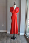 RED SILKY MIDI DRESS WITH STATEMENT SHOULDER