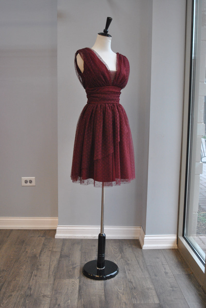 BURGUNDY MESH FIT AND FLAIR DRESS