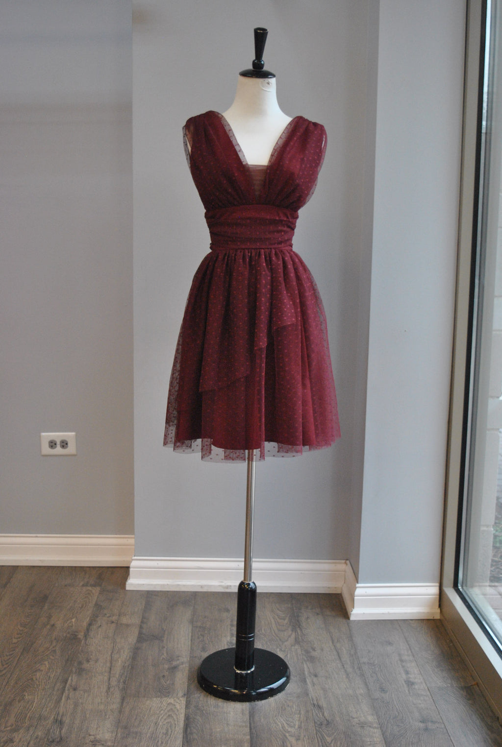 BURGUNDY MESH FIT AND FLAIR DRESS